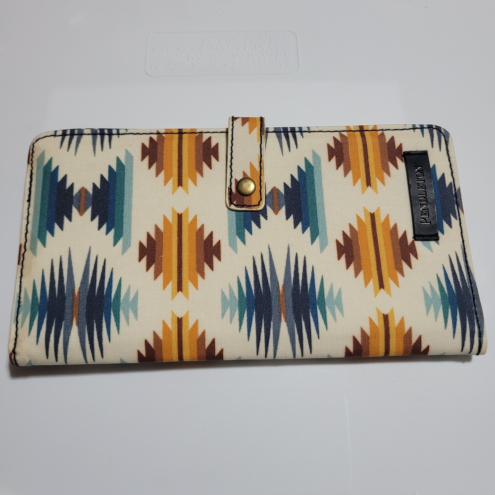 Pendleton Southwestern Canvas Checkbook Cover Wallet Blue Orange Geometric